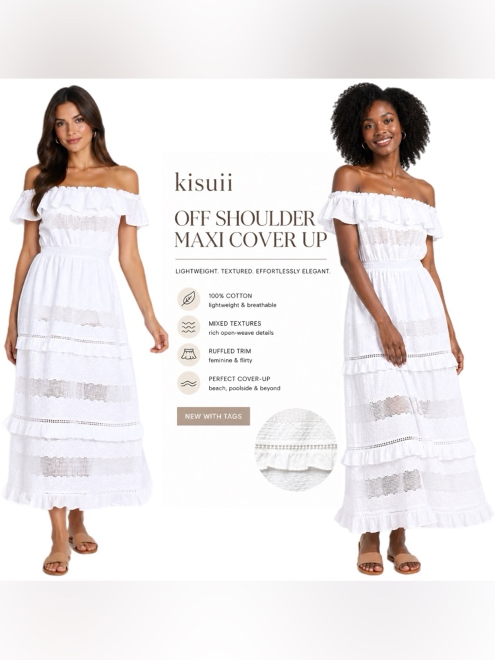 Kisuii White Off Shoulder Cotton Maxi Cover Up Dress NWT